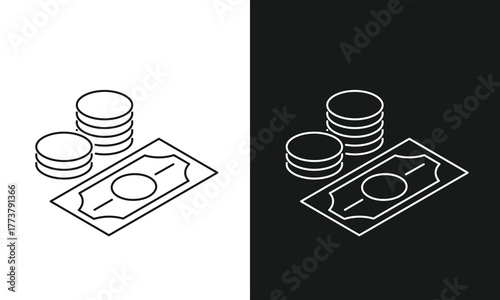 Money and Cash Icon with Banknote and Stacks of Coins for Financial Transactions, Savings, Wealth, and Banking Concepts.