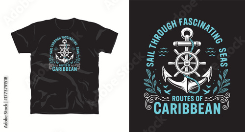 Sail Through Fascinating Seas Vector Illustration with Anchor Ship Wheel and Nautical Elements Perfect for Maritime Themed Apparel