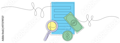 Line art of paper, dollar coins, dollar bills, and a magnifying glass. A rapidly growing outsourcing accounting service. A concept of financial data collection within a company with attractive colors.