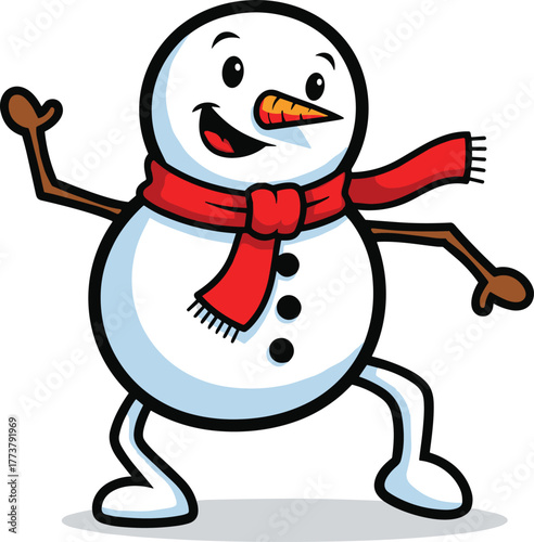 Happy snowman dancing with red scarf, cheerful winter holiday illustration, cute cartoon character celebrating Christmas season in fun festive mood