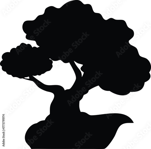 Bonsai tree flat vector icon minimal silhouette white background.
