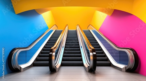 Vibrant escalator adorned with neon lights in a colorful modernist architecture setting