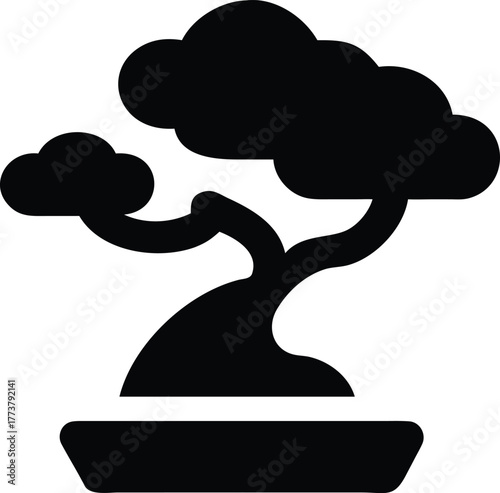 Bonsai tree flat vector icon minimal silhouette white background.