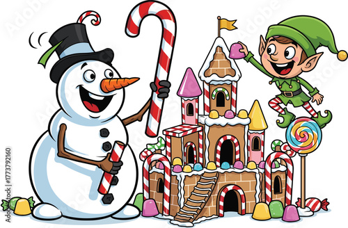 Happy snowman and Christmas elf building gingerbread candy castle, festive holiday illustration, colorful winter cartoon scene, cheerful Christmas decoration design