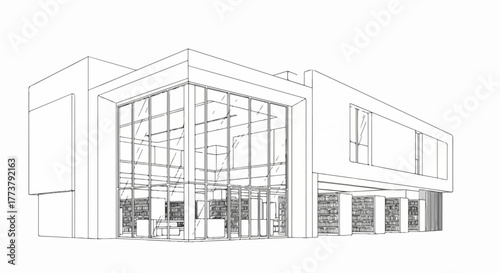 Modern industrial building architecture minimal vector line art illustration.