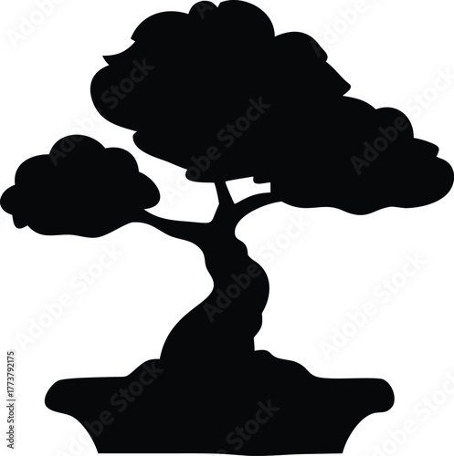 Bonsai tree flat vector icon minimal silhouette white background.