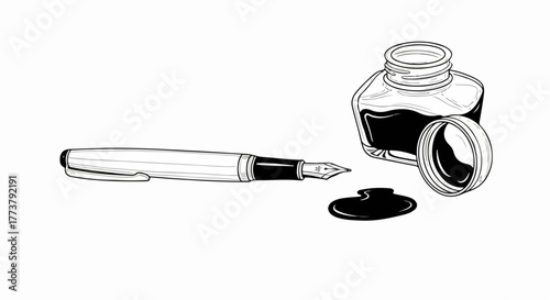 Ink bottle with fountain pen minimal vintage vector line art illustration.