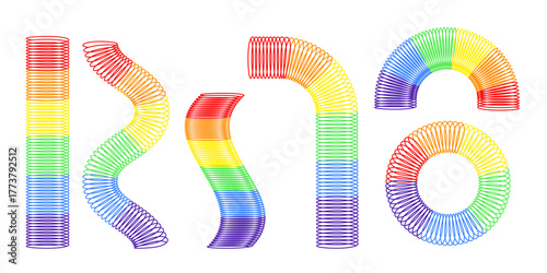 Set of children's slinky toys popular in the 90s. Rainbow flexible springs. Plastic multicolored elastic spirals in different shapes. Vector flat illustration.