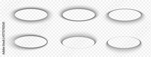 Oval shadows isolated on transparent background. Ellipse soft overlay effect. Elliptical shapes with dark gradient borders. Empty circular shades on floor, paper or page. Vector realistic illustration