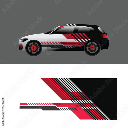 Modern car decal design with a dynamic red, black, and white geometric pattern. Perfect for sports cars