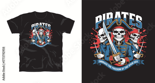Pirates Vector Design Skeletons Swords Sea Adventures T-Shirt Print