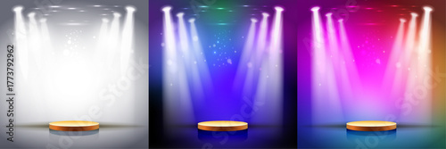 Three illuminated podiums with spotlights in white blue and pink lighting for award ceremonies or performances