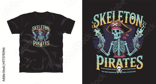 Skeleton Pirates Vector Illustration for T-Shirt Printing Skull Art Design Pirate Theme Adventure Graphic Bones Nautical Apparel Sea Battle Undead Buccaneer Clanking Cutlasses