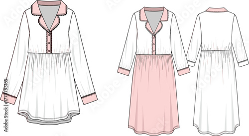 Women's nightgown technical sketch, long sleeve sleepwear, button front dress, gathered waist, fashion flat, cad drawing flat vector illustration