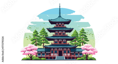 A vibrant illustration showcases a traditional Japanese pagoda, featuring intricate architectural details, surrounded by blooming cherry blossoms and lush green trees under a bright blue sky.