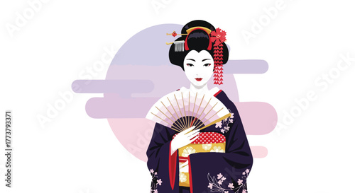 An elegant illustration depicts a traditional Japanese geisha, adorned in a vibrant kimono and holding a fan, set against a soft, stylized background with circular and cloud-like shapes.