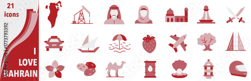 A set of icons dedicated to Bahrain in a flat minimalist style using national colors.