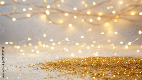Shimmering gold glitter on a tabletop with warm fairy lights in the background creating a magical atmosphere