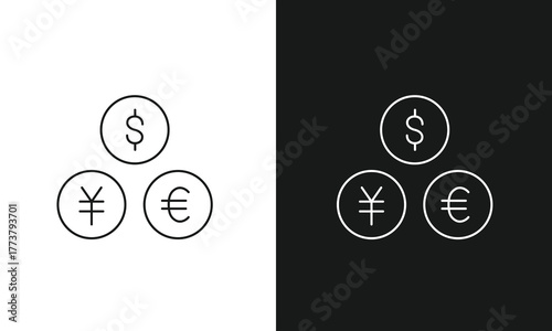 International Currency Exchange Icon Set with Dollar, Yen, and Euro Symbols for Global Finance, Forex Trading, and Money Conversion.