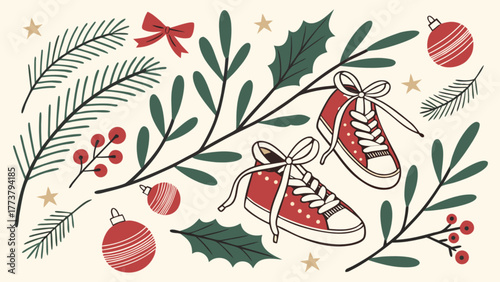Christmas and new year festive illustration with sneakers, fir branches, holly leaves, berries, bow and baubles