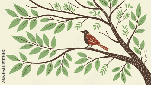A charming illustration features a brown bird perched gracefully on a tree branch, surrounded by lush green leaves, creating a serene and natural scene