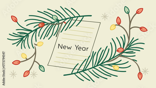 A festive new years scene with evergreen branches, decorative lights, and a new year message, creating a joyful and celebratory atmosphere