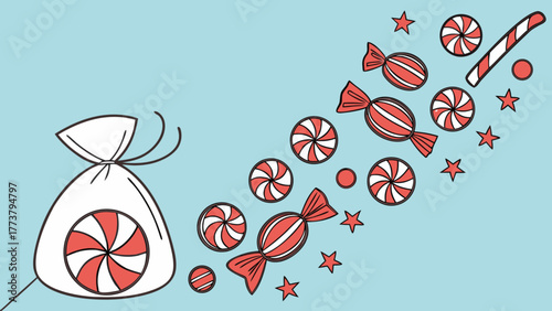 A delightful illustration of a bag overflowing with candies and sweets, creating a sense of abundance and the joy of holiday treats