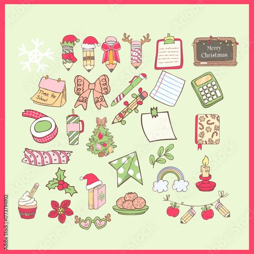 Cute Christmas School Supplies Elements Collection Back to School Christmas Icon Cartoon Hand Drawn Set