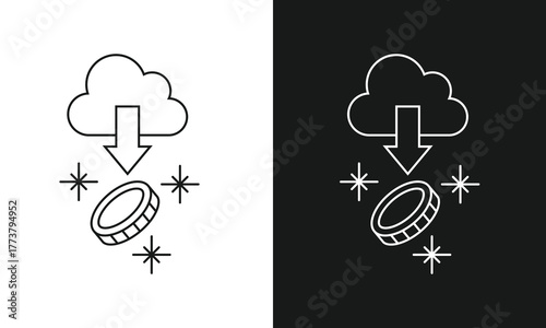 Cloud Mining and Digital Currency Download Icon with a Coin Symbolizing Cryptocurrency, Blockchain, and Financial Technology.