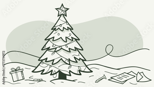 Christmas tree with a star on top, gifts, and a letter to santa claus festive holiday scene with christmas decorations