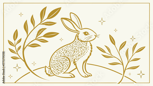 Charming hare illustration, featuring a delightful rabbit surrounded by elegant foliage, creating a whimsical scene of natural harmony and beauty