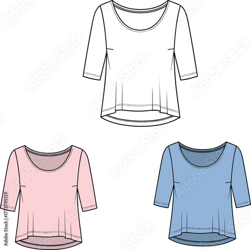 Women’s scoop neck top with elbow sleeves, curved hemline, loose fit, color variations, fashion sketch, cad drawing flat vector illustration