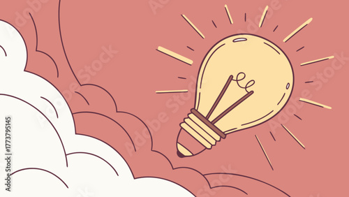 A bright idea is depicted with a lightbulb emitting rays of light, symbolizing innovation, creativity, and problemsolving in a simple illustration