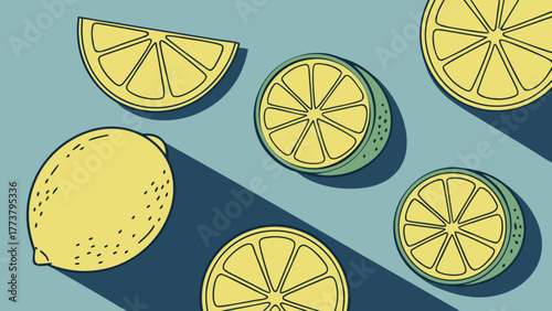 A refreshing collection of lemons and lime slices scattered on a blue background, casting shadows and creating a vibrant, summery composition
