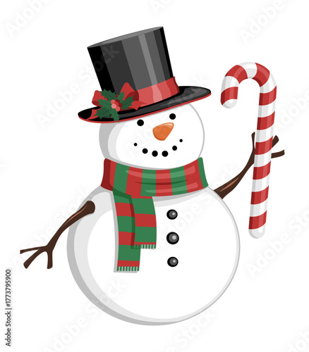 Cute snowman holding candy cane and wearing hat and striped scarf