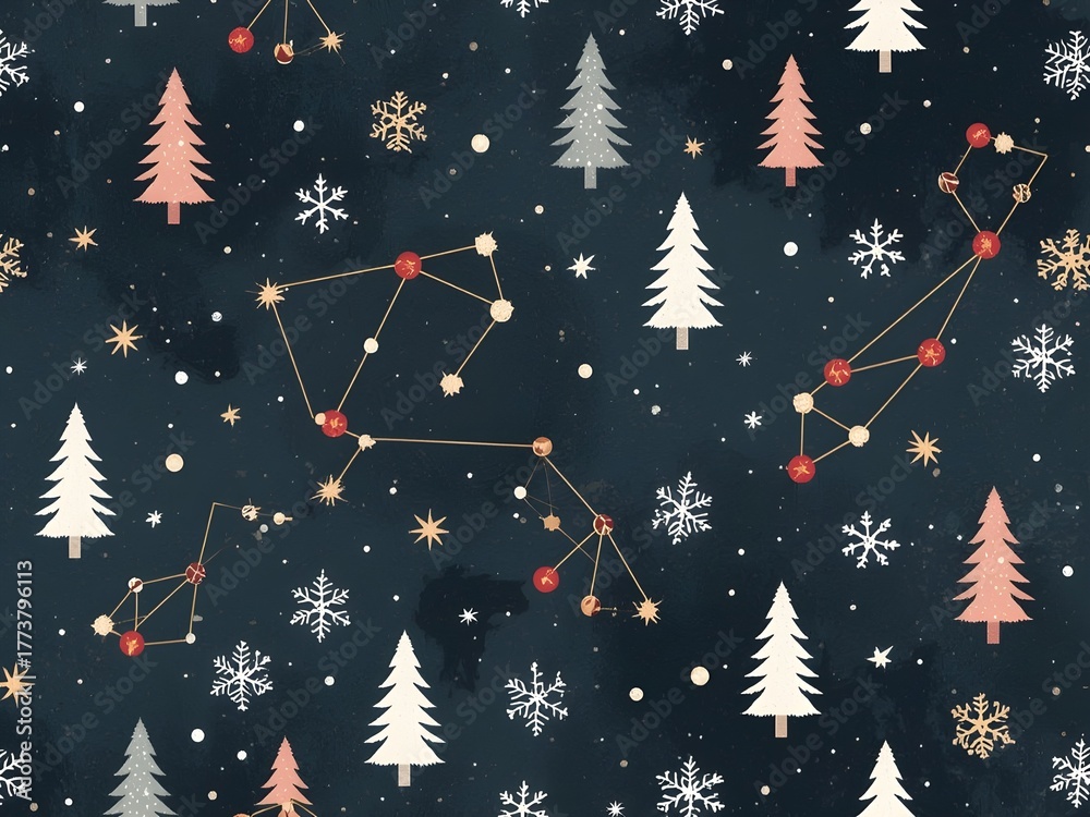 seamless pattern with pine trees, snowflakes, and golden stars on navy blue
