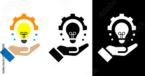 Minimalist flat design innovation solution idea development icon with hand, lightbulb, gear, colorful and black and white version