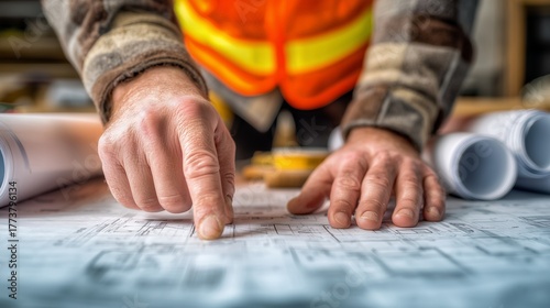 Close-up of construction worker hands pointing at blueprint on the table, concept for architecture planning, structural engineering and building development