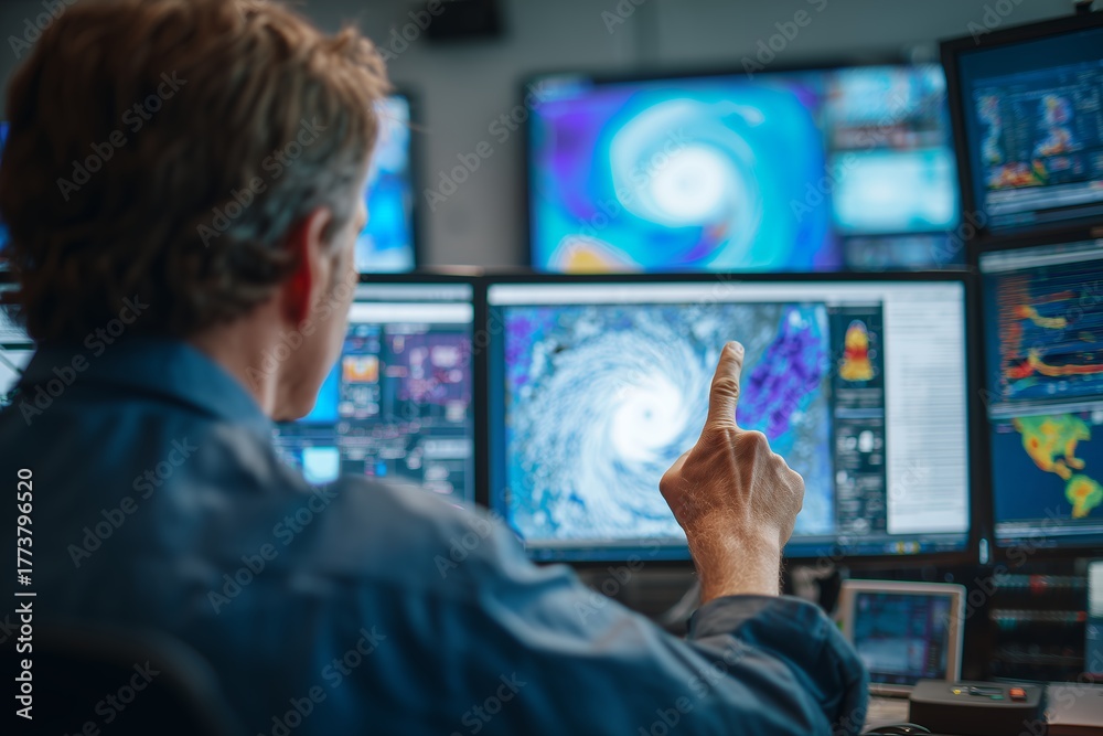 Naklejka premium Man points at a computer screen displaying weather data among multiple monitors in a monitoring center, concept for climate research, disaster response and weather forecasting