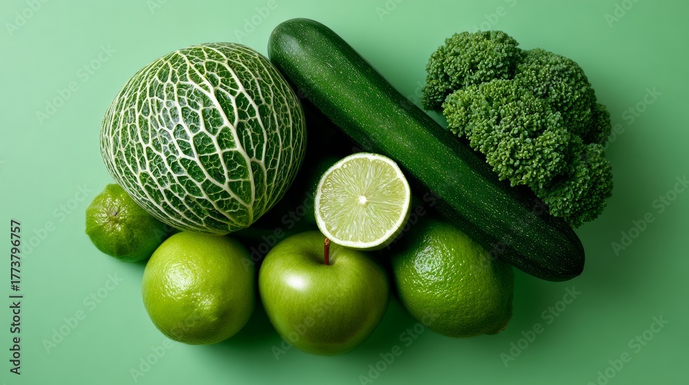 Fototapeta premium Fresh assortment of green vegetables and fruits including zucchini, broccoli, limes, and green apples arranged artistically on a soft green background, showcasing vibrant colors and healthy eating con