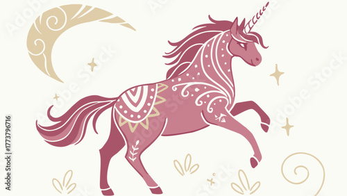 A magical unicorn with floral and moon details on a, symbolizing fantasy, purity, and enchantment, creating a whimsical and dreamy atmosphere