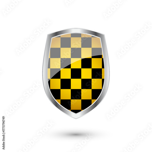 Glossy shield with yellow and black pattern. Security and protection concept. Cyber safety icons, internet privacy, web defense, digital data protection and antivirus themes. Vector illustration