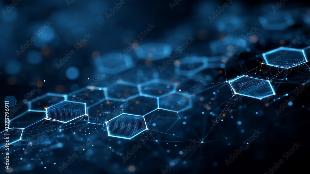 Obraz premium Abstract blue network of interconnected hexagons with glowing edges in a dark setting, concept for future technology, scientific research and data analysis