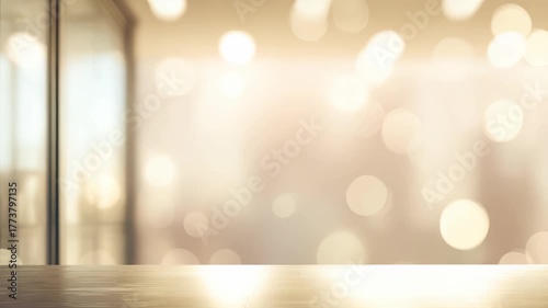 Bright and contemporary office space with soft golden bokeh lights and a stylish wooden desk. The blurred background highlights a professional yet relaxed work environment