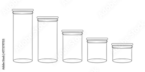 Set of glass jars with lids in various sizes. Minimal line art vector illustration for kitchen storage, pantry organization, and home decor design projects.