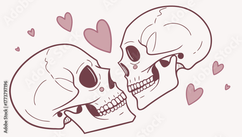 Two skulls facing each other surrounded by pink hearts, creating a romantic and slightly macabre illustration
