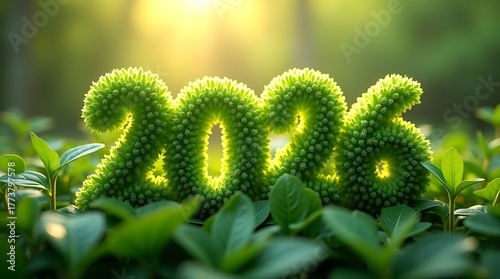 Nature Inspired Happy New Year 2026 Typography with Wooden Texture and Fresh Leaves Decoration