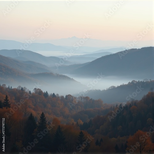 Autumn mist rolling over layered hills in muted seasonal landscape