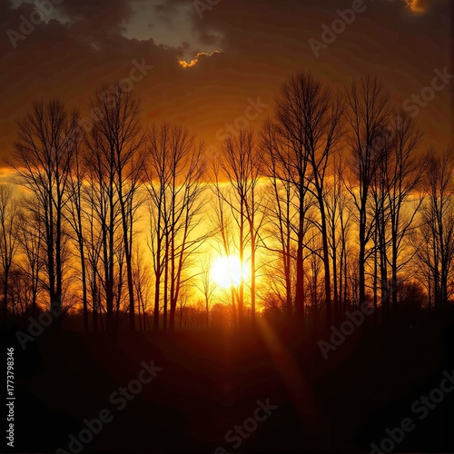 Golden sunset through bare tree silhouettes in serene autumn landscape