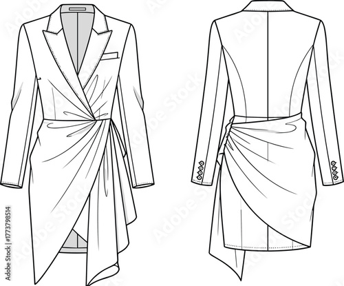 Tailored blazer dress with draped skirt, long sleeve design, fashion flat sketch, garment construction, cad drawing flat vector illustration